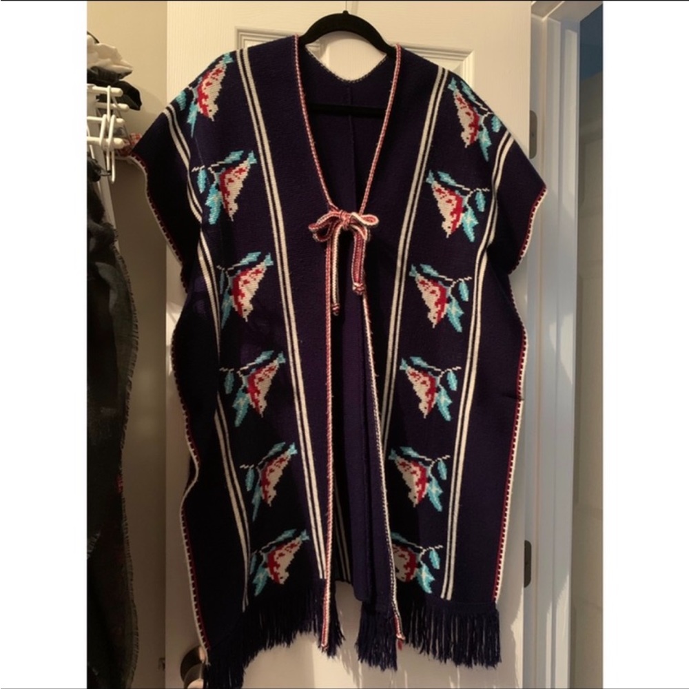 Vintage 70’s Boho Fringed Bird Poncho Cardigan